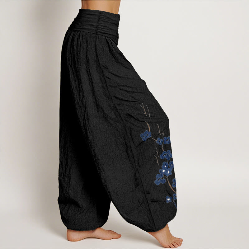 Nimara Ritual Cotton Plum Bossom Calligraphy Pattern Women's Elastic Waist Harem Pants