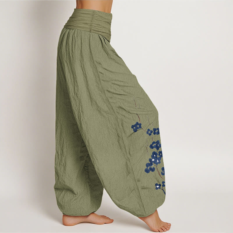 Nimara Ritual Cotton Plum Bossom Calligraphy Pattern Women's Elastic Waist Harem Pants
