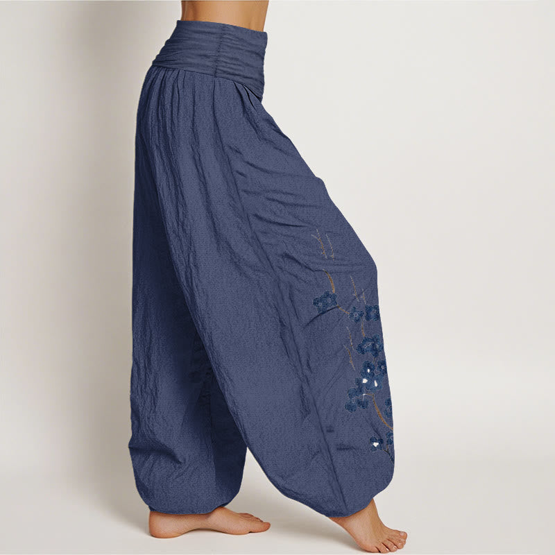 Nimara Ritual Cotton Plum Bossom Calligraphy Pattern Women's Elastic Waist Harem Pants
