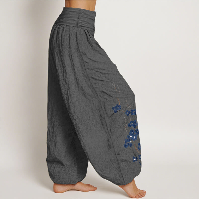 Nimara Ritual Cotton Plum Bossom Calligraphy Pattern Women's Elastic Waist Harem Pants
