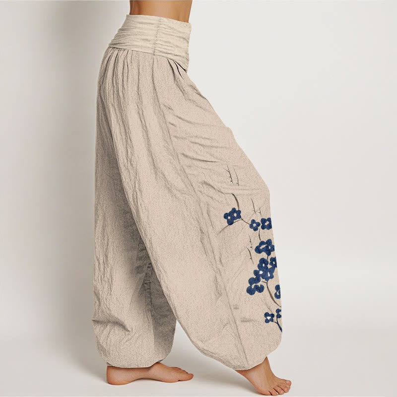 Nimara Ritual Cotton Plum Bossom Calligraphy Pattern Women's Elastic Waist Harem Pants