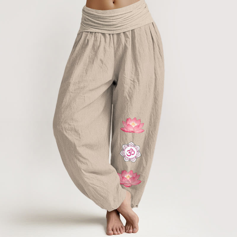 Nimara Ritual Cotton Om Lotus Flower Pattern Women's Elastic Waist Harem Pants