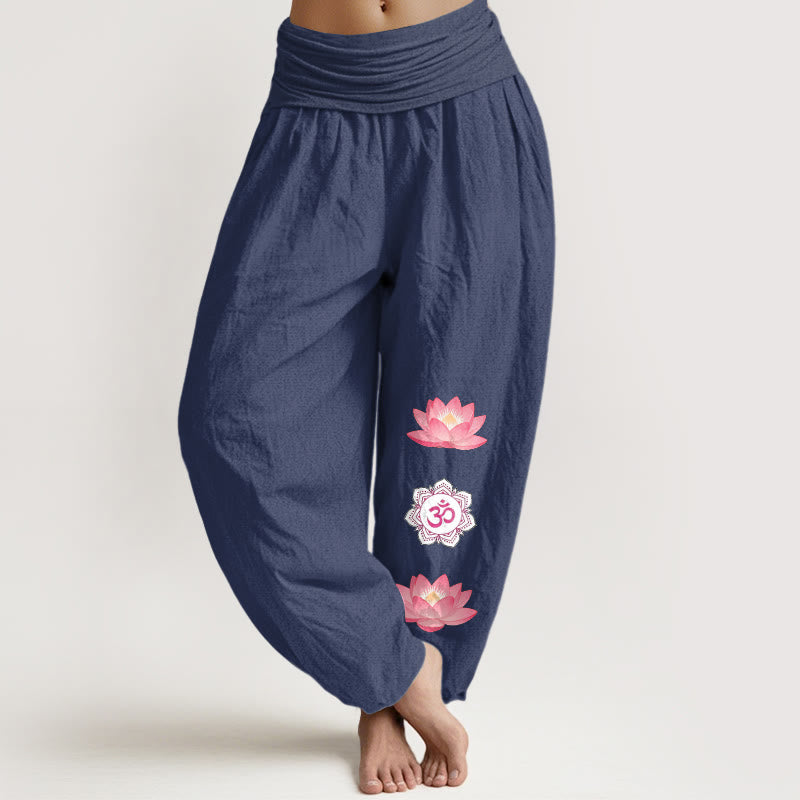 Nimara Ritual Cotton Om Lotus Flower Pattern Women's Elastic Waist Harem Pants