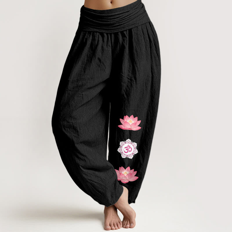 Nimara Ritual Cotton Om Lotus Flower Pattern Women's Elastic Waist Harem Pants