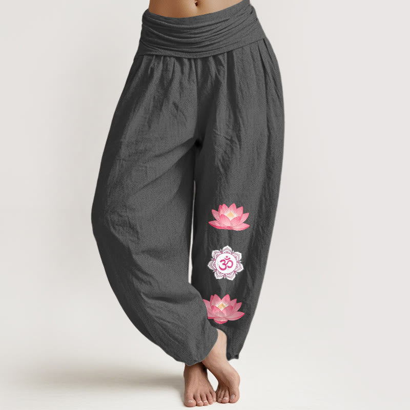 Nimara Ritual Cotton Om Lotus Flower Pattern Women's Elastic Waist Harem Pants