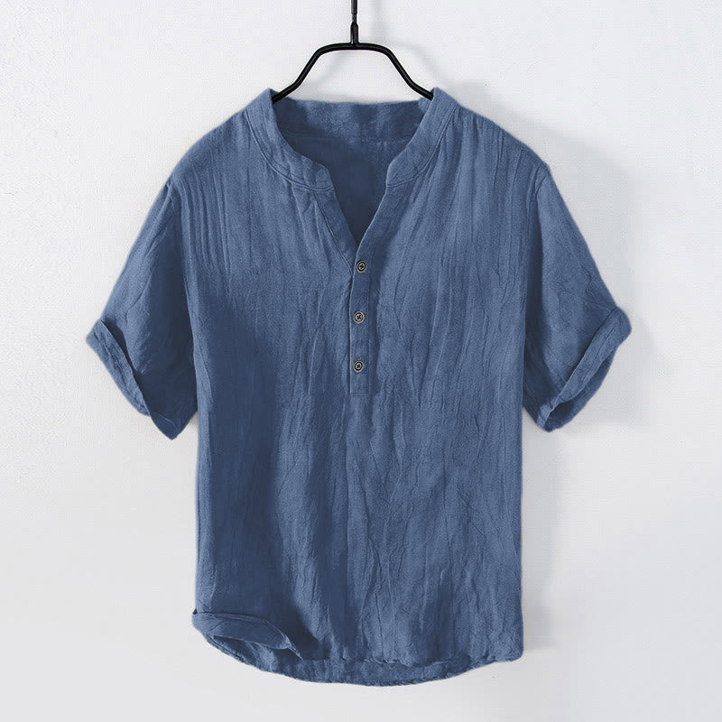 Nimara Ritual Solid Color Short Sleeve Half Button Shirt Cotton Linen Men Clothing