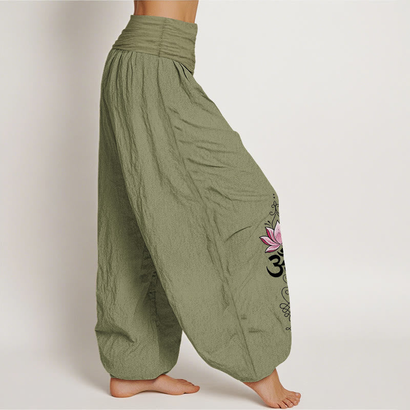 Nimara Ritual Cotton OM Sanskrit Design Lotus Flower Pattern Women's Elastic Waist Harem Pants