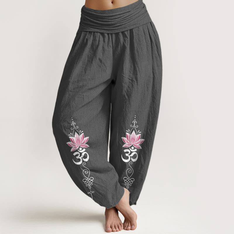 Nimara Ritual Cotton OM Sanskrit Design Lotus Flower Pattern Women's Elastic Waist Harem Pants