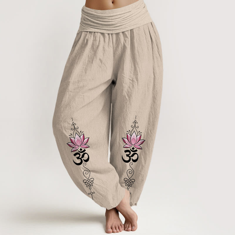 Nimara Ritual Cotton OM Sanskrit Design Lotus Flower Pattern Women's Elastic Waist Harem Pants