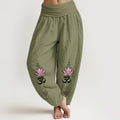 Nimara Ritual Cotton OM Sanskrit Design Lotus Flower Pattern Women's Elastic Waist Harem Pants