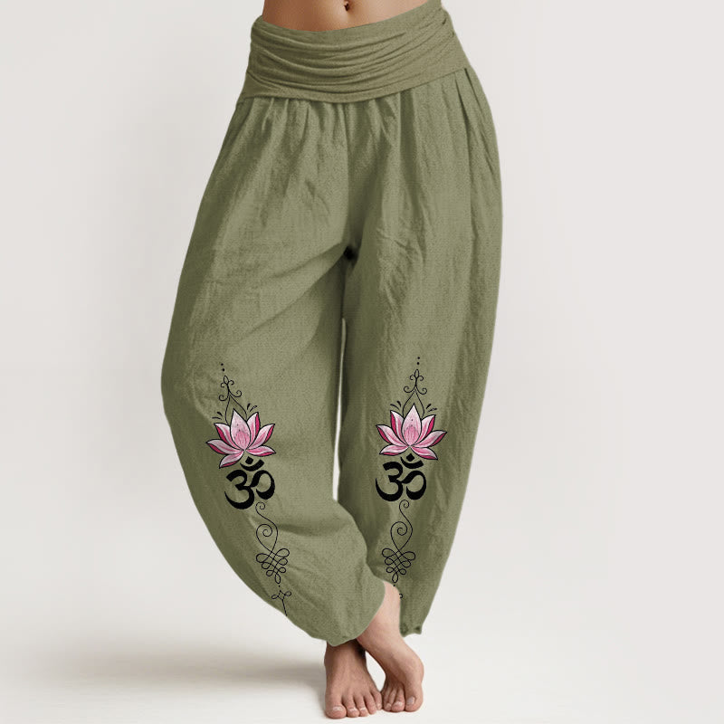 Nimara Ritual Cotton OM Sanskrit Design Lotus Flower Pattern Women's Elastic Waist Harem Pants