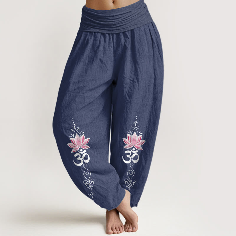 Nimara Ritual Cotton OM Sanskrit Design Lotus Flower Pattern Women's Elastic Waist Harem Pants