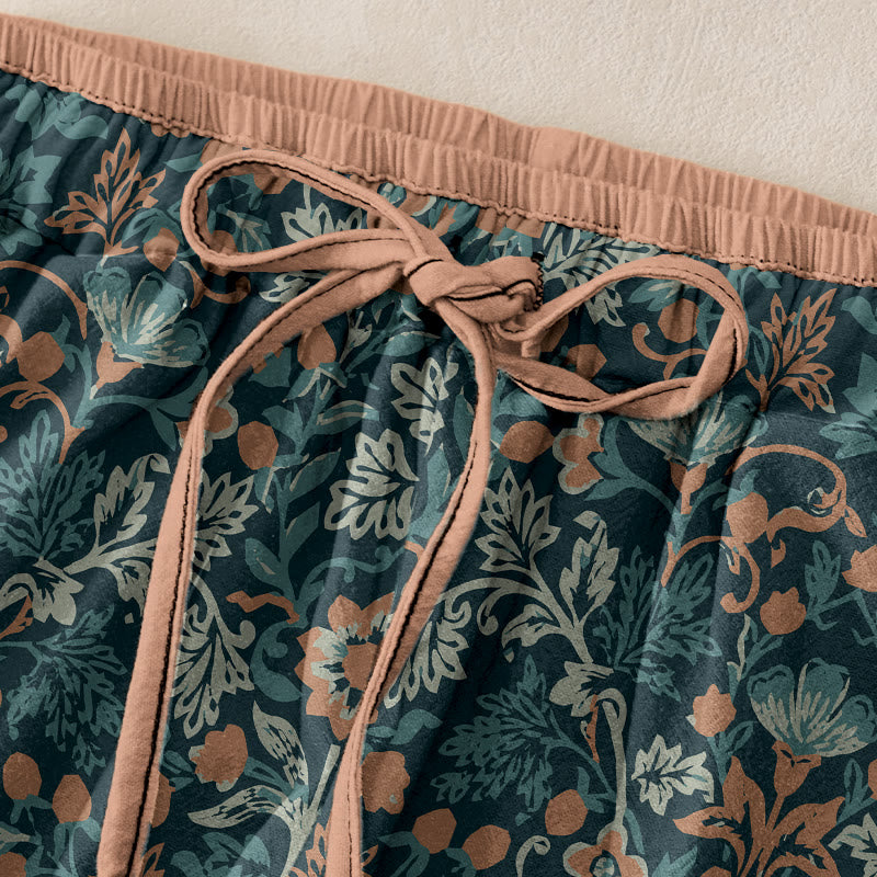 Nimara Ritual Cotton Casual Flower Vine Leaves Pattern Women's Elastic Waist Pants With Pockets