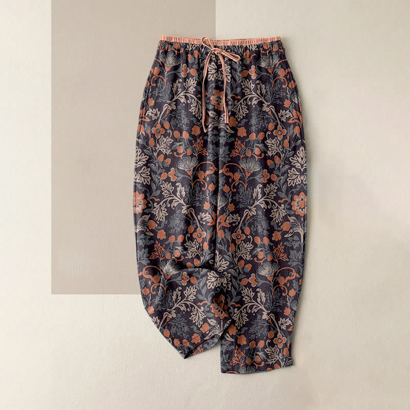 Nimara Ritual Cotton Casual Flower Vine Leaves Pattern Women's Elastic Waist Pants With Pockets