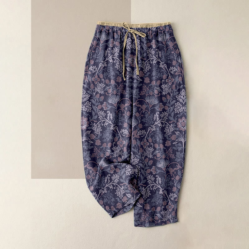 Nimara Ritual Cotton Casual Flower Vine Leaves Pattern Women's Elastic Waist Pants With Pockets