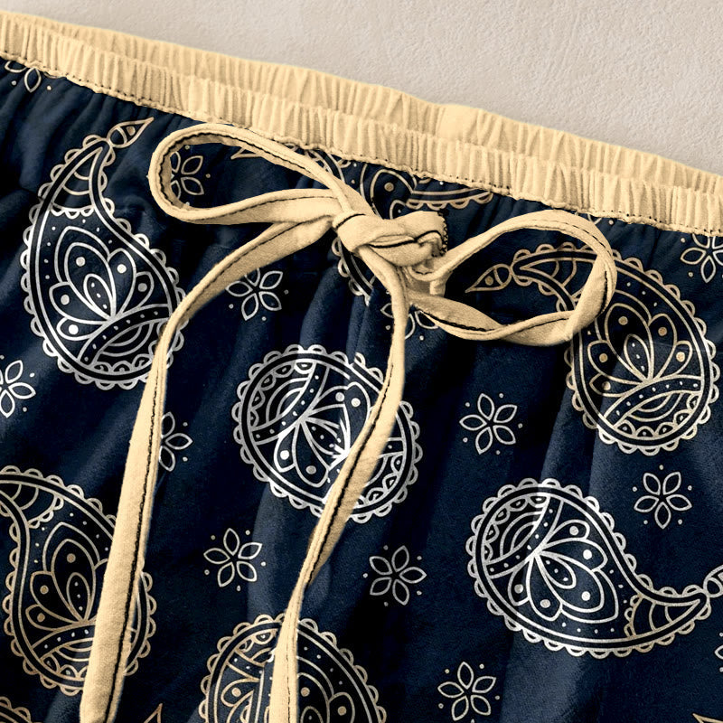 Nimara Ritual Pure Cotton Elegant Paisley Pattern Women's Elastic Waist Pants With Pockets