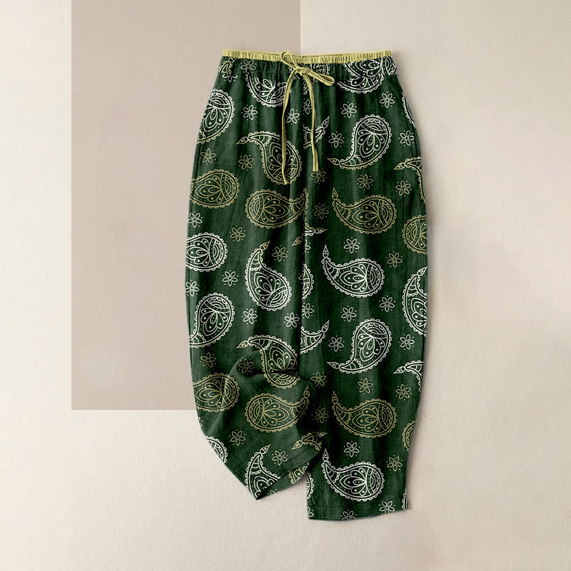 Nimara Ritual Pure Cotton Elegant Paisley Pattern Women's Elastic Waist Pants With Pockets