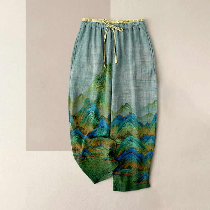 Nimara Ritual Pure Cotton Natural Landscape Pattern Women's Elastic Waist Pants With Pockets