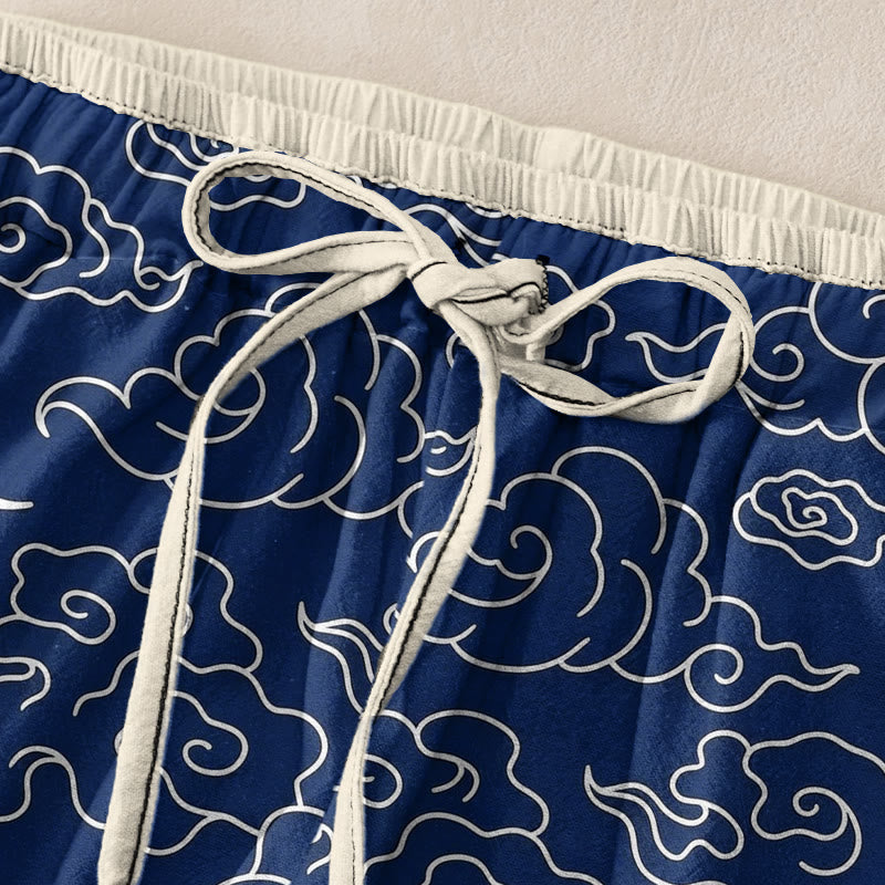 Nimara Ritual Pure Cotton Casual Auspicious Cloud Pattern Women's Elastic Waist Pants With Pockets