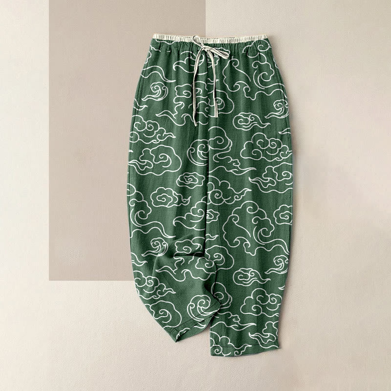 Nimara Ritual Pure Cotton Casual Auspicious Cloud Pattern Women's Elastic Waist Pants With Pockets