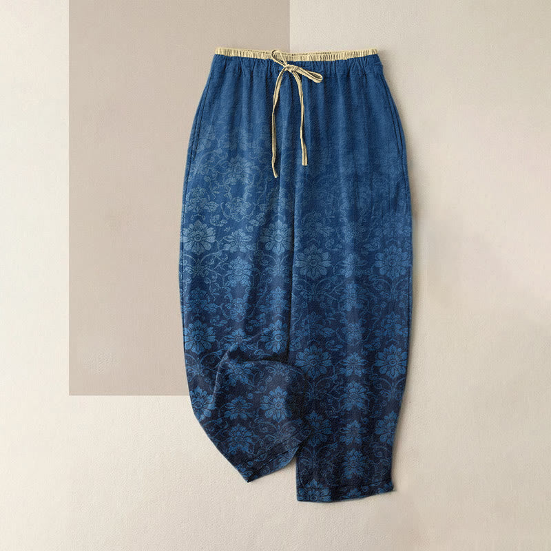Nimara Ritual Pure Cotton Retro Decorative Floral Pattern Women's Elastic Waist Pants With Pockets
