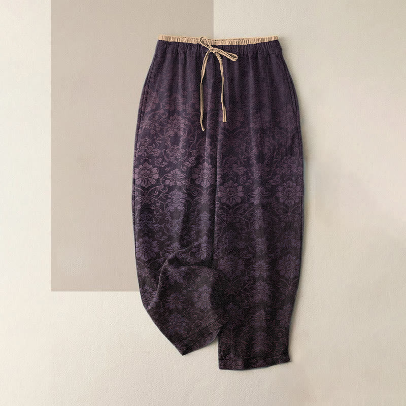 Nimara Ritual Pure Cotton Retro Decorative Floral Pattern Women's Elastic Waist Pants With Pockets
