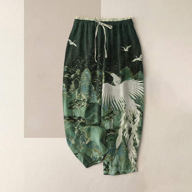 Nimara Ritual Pure Cotton Auspicious Landscape Crane Pattern Women's Elastic Waist Pants With Pockets