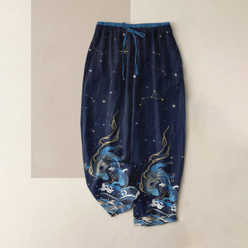 Nimara Ritual Pure Cotton Starry Sky Ocean Mythical Beast Pattern Women's Elastic Waist Pants With Pockets