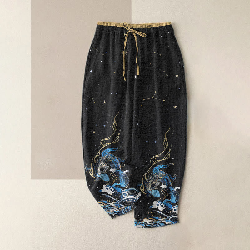 Nimara Ritual Pure Cotton Starry Sky Ocean Mythical Beast Pattern Women's Elastic Waist Pants With Pockets