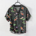 Nimara Ritual Cotton Koi Fish Lotus Pattern Men's Short Sleeve Half Button Shirt
