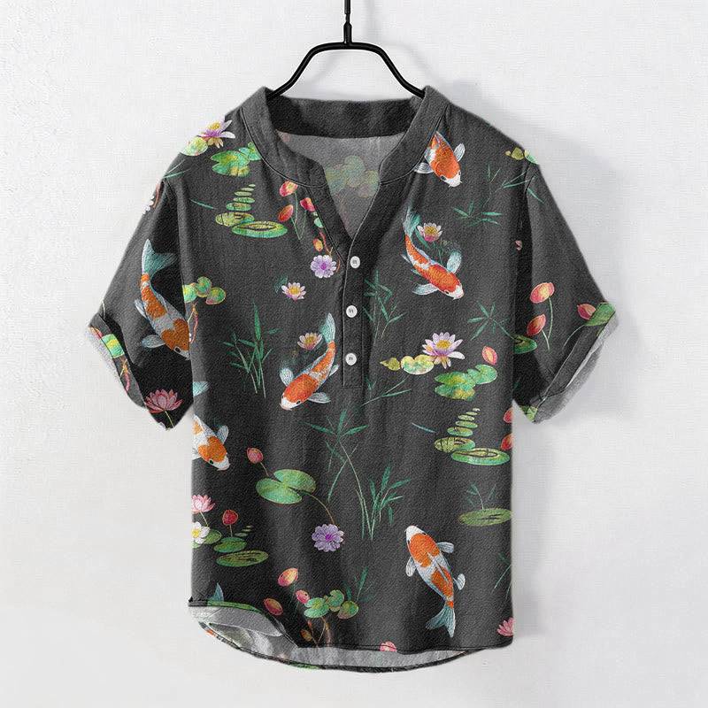 Nimara Ritual Cotton Koi Fish Lotus Pattern Men's Short Sleeve Half Button Shirt