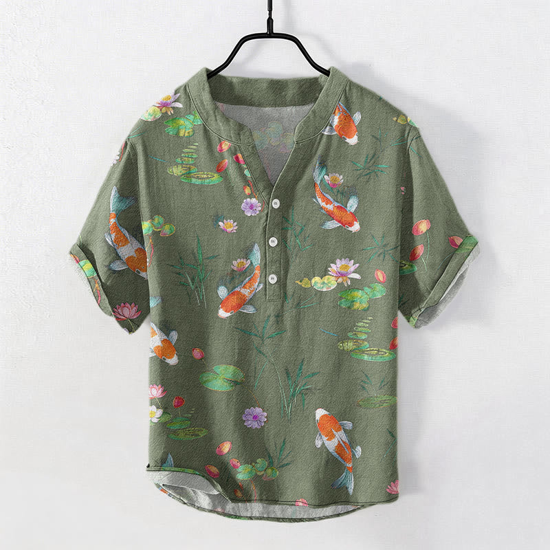 Nimara Ritual Cotton Koi Fish Lotus Pattern Men's Short Sleeve Half Button Shirt