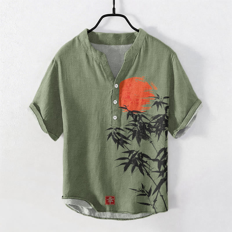 Nimara Ritual Cotton Simple Red Sun Bamboo Pattern Men's Short Sleeve Half Button Shirt