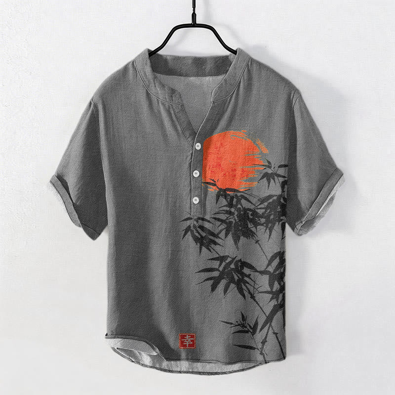 Nimara Ritual Cotton Simple Red Sun Bamboo Pattern Men's Short Sleeve Half Button Shirt
