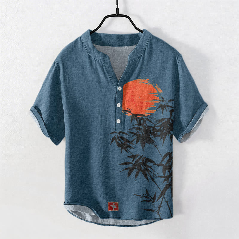 Nimara Ritual Cotton Simple Red Sun Bamboo Pattern Men's Short Sleeve Half Button Shirt