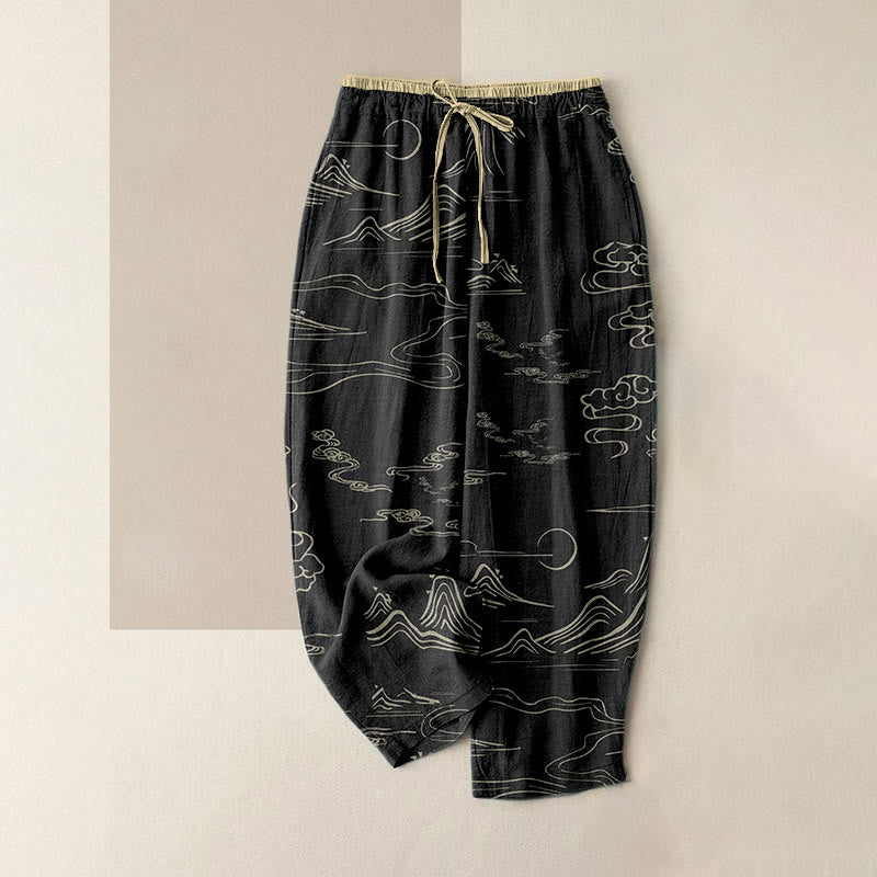 Nimara Ritual Cotton Casual Mountain Moon Auspicious Clouds Pattern Women's Elastic Waist Pants With Pockets