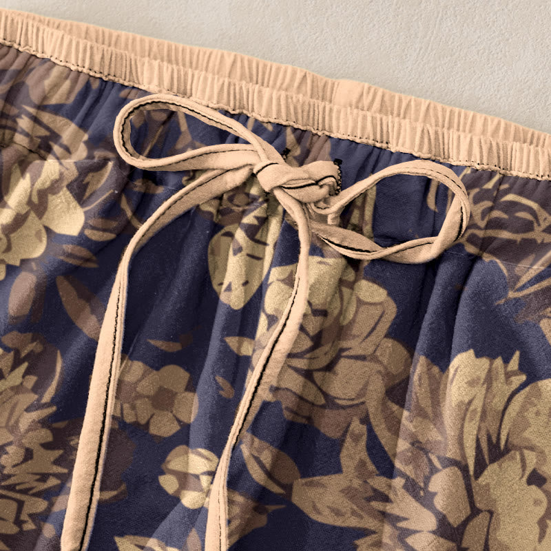Nimara Ritual Cotton Casual Peony Flowers Leaves Pattern Women's Elastic Waist Pants With Pockets