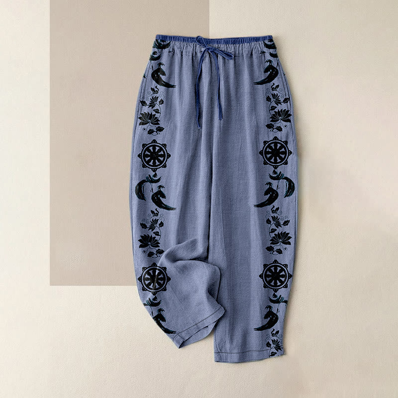 Nimara Ritual Cotton Casual Dharma Wheel Lotus OM Pattern Women's Elastic Waist Pants With Pockets