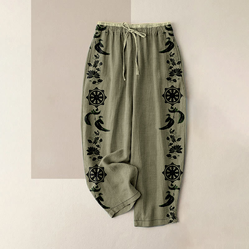 Nimara Ritual Cotton Casual Dharma Wheel Lotus OM Pattern Women's Elastic Waist Pants With Pockets