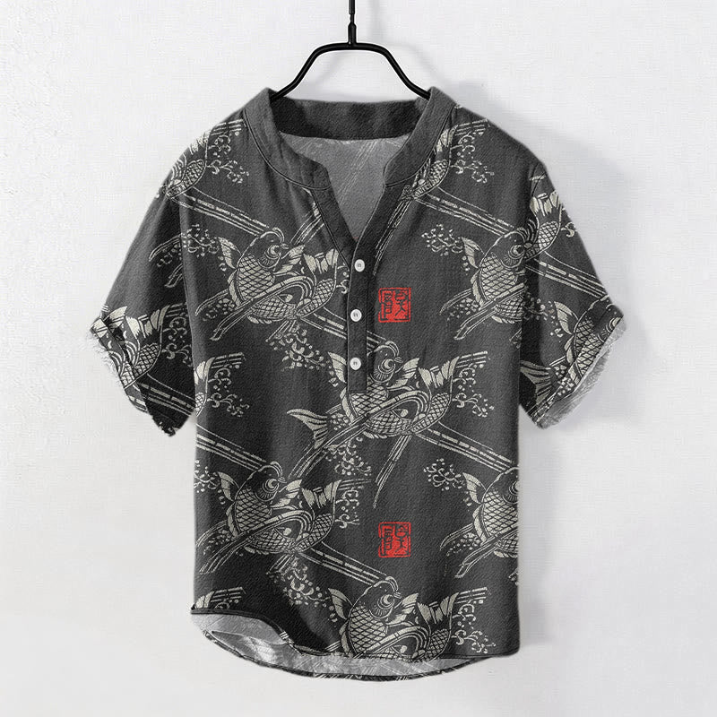 Nimara Ritual Cotton Koi Fish Bamboo Pattern Men's Short Sleeve Half Button Shirt