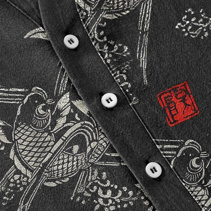 Nimara Ritual Cotton Koi Fish Bamboo Pattern Men's Short Sleeve Half Button Shirt