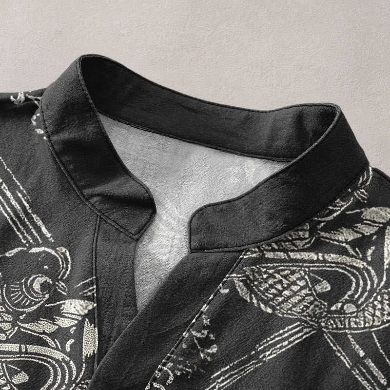 Nimara Ritual Cotton Koi Fish Bamboo Pattern Men's Short Sleeve Half Button Shirt