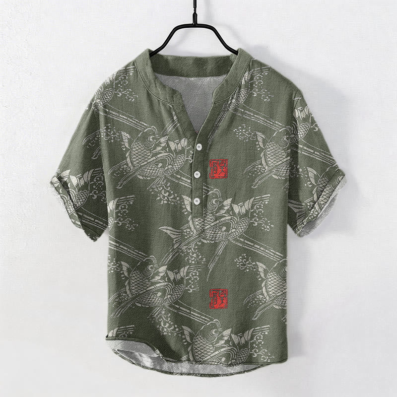 Nimara Ritual Cotton Koi Fish Bamboo Pattern Men's Short Sleeve Half Button Shirt