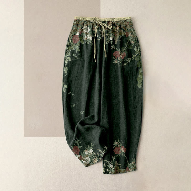 Nimara Ritual Cotton Casual Red Peony Flower Vine Design Women's Elastic Waist Pants With Pockets