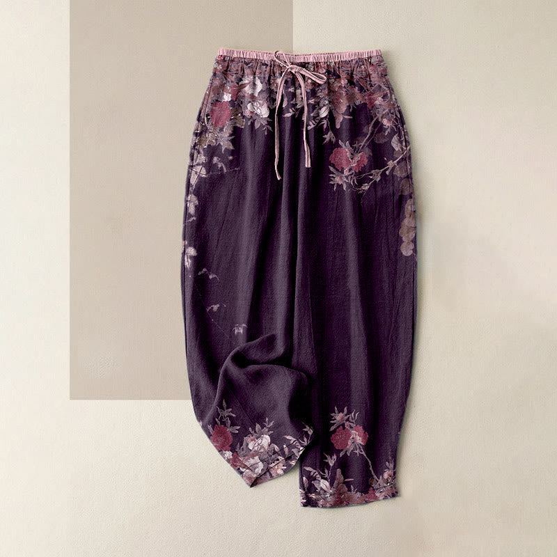 Nimara Ritual Cotton Casual Red Peony Flower Vine Design Women's Elastic Waist Pants With Pockets