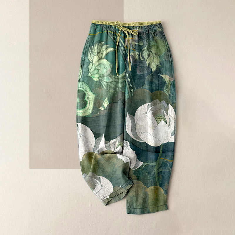 Nimara Ritual Cotton Casual White Lotus Leaves Pattern Women's Elastic Waist Pants With Pockets