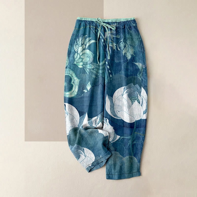 Nimara Ritual Cotton Casual White Lotus Leaves Pattern Women's Elastic Waist Pants With Pockets