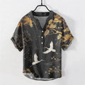 Nimara Ritual Cotton Pine Tree White Crane Pattern Men's Short Sleeve Half Button Shirt