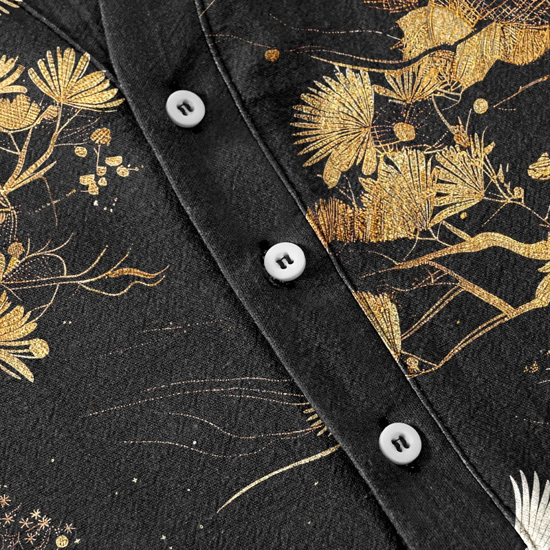 Nimara Ritual Cotton Pine Tree White Crane Pattern Men's Short Sleeve Half Button Shirt