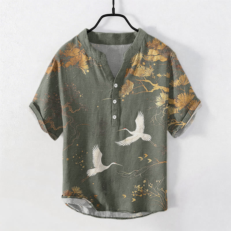 Nimara Ritual Cotton Pine Tree White Crane Pattern Men's Short Sleeve Half Button Shirt